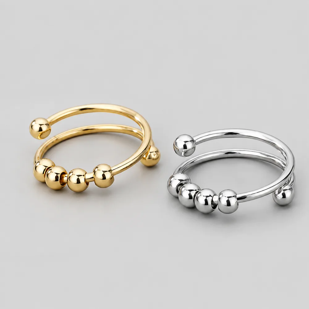 Anillo abierto con bolas de acero inoxidable, dorado y plateado