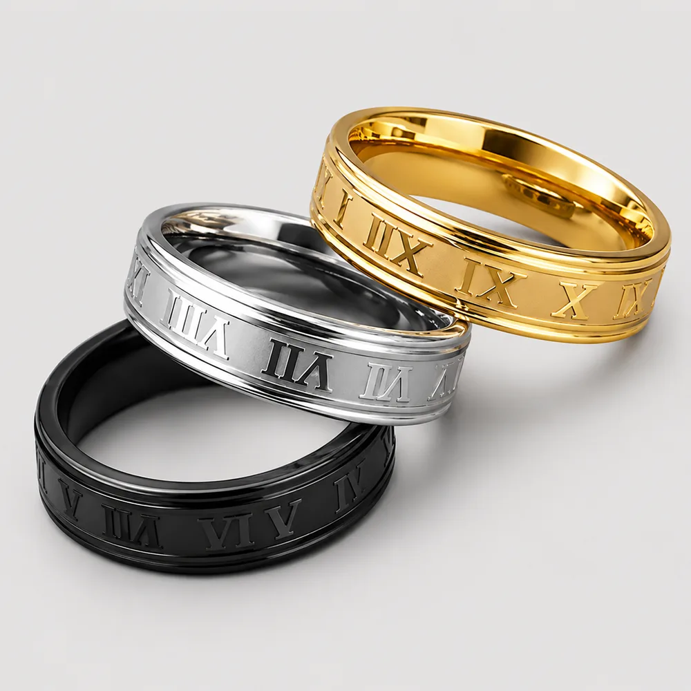 Anillo vintage con números romanos de acero inoxidable